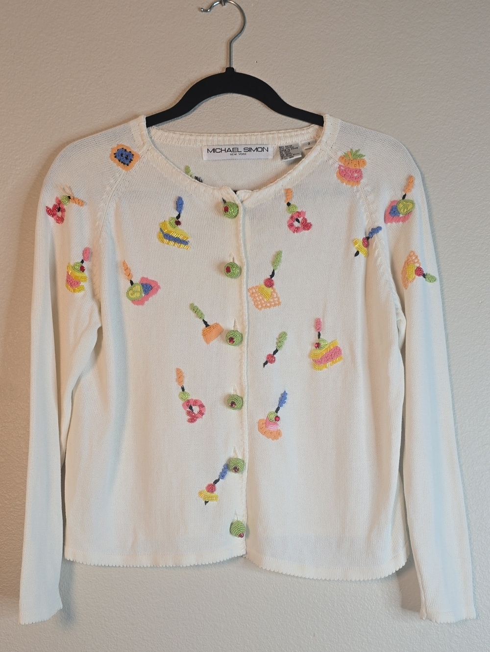 Michael Simon White Beaded Button-Front Sweater Cardigan Size 2= LARGE